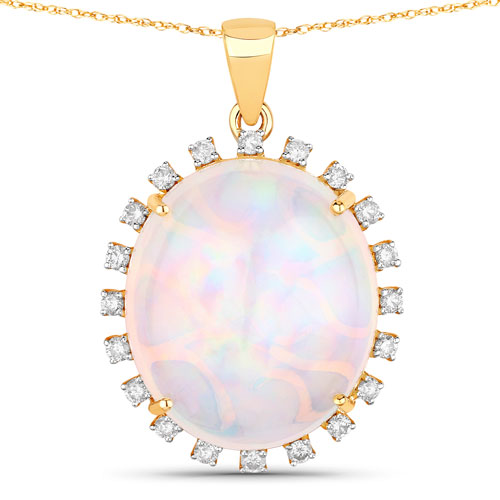 Opal-16.98 Carat Genuine Ethiopian Opal and White Diamond 14K Yellow Gold Pendant
