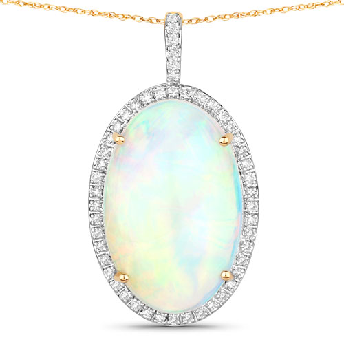 Opal-9.14 Carat Genuine Ethiopian Opal and White Diamond 14K Yellow Gold Pendant
