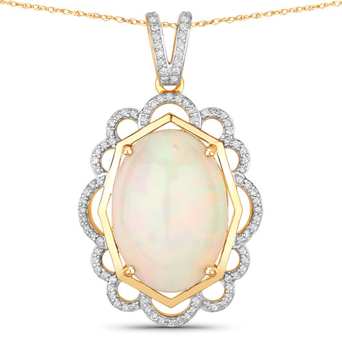 Opal-7.03 Carat Genuine Ethiopian Opal and White Diamond 14K Yellow Gold Pendant