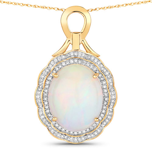 Opal-9.97 Carat Genuine Ethiopian Opal and White Diamond 14K Yellow Gold Pendant