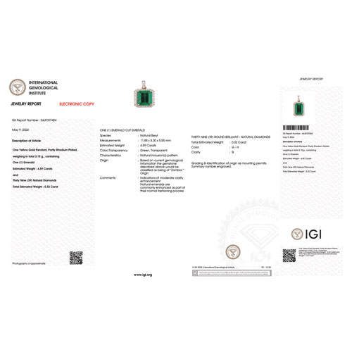 IGI Certified 4.91 Carat Genuine Zambian Emerald and White Diamond 18K Yellow Gold Pendant