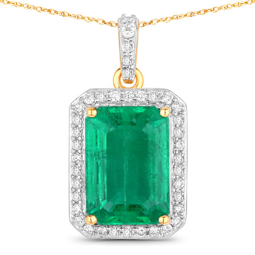 Emerald-IGI Certified 4.91 Carat Genuine Zambian Emerald and White Diamond 18K Yellow Gold Pendant