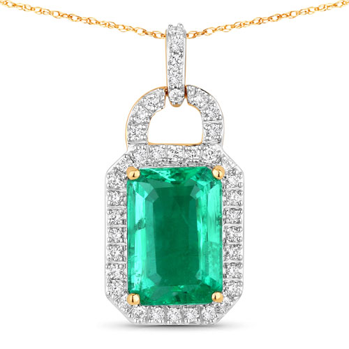 Emerald-IGI Certified 3.22 Carat Genuine Zambian Emerald and White Diamond 18K Yellow Gold Pendant