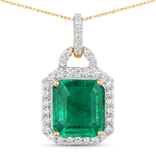 Emerald-IGI Certified 3.38 Carat Genuine Zambian Emerald and White Diamond 18K Yellow Gold Pendant
