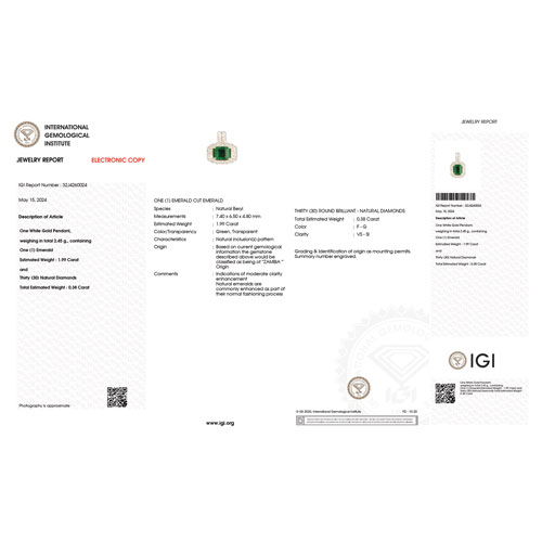 IGI Certified 2.37 Carat Genuine Zambian Emerald and White Diamond 18K White Gold Pendant