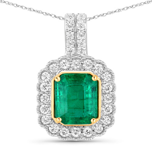 Emerald-IGI Certified 2.37 Carat Genuine Zambian Emerald and White Diamond 18K White Gold Pendant