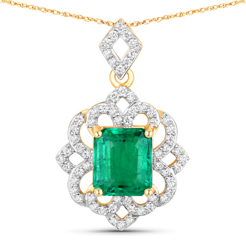Emerald-IGI Certified 2.03 Carat Genuine Zambian Emerald and White Diamond 18K Yellow Gold Pendant