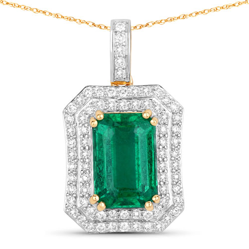 Emerald-IGI Certified 2.91 Carat Genuine Zambian Emerald and White Diamond 18K Yellow Gold Pendant