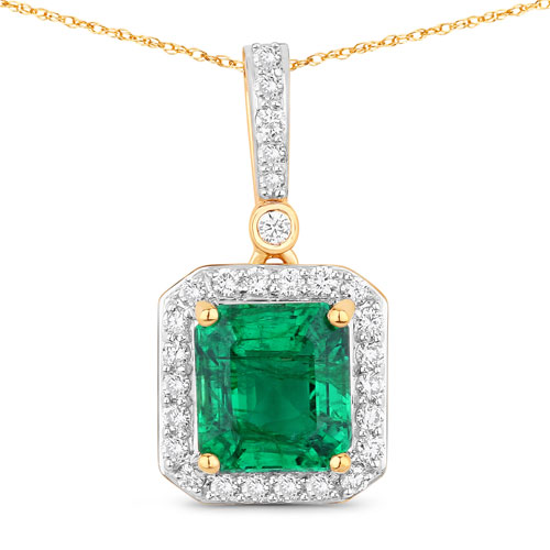 Emerald-IGI Certified 2.13 Carat Genuine Zambian Emerald and White Diamond 18K Yellow Gold Pendant