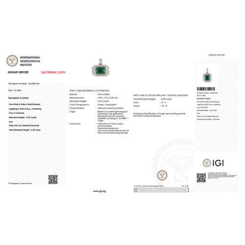 IGI Certified 2.54 Carat Genuine Zambian Emerald and White Diamond 18K Yellow Gold Pendant