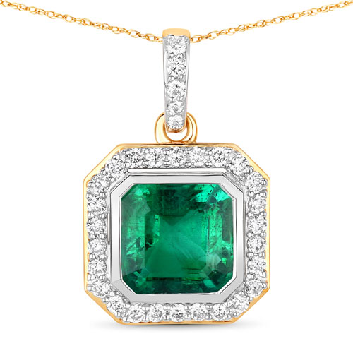 Emerald-IGI Certified 2.54 Carat Genuine Zambian Emerald and White Diamond 18K Yellow Gold Pendant
