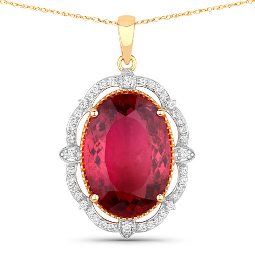 Pendants-16.63 Carat Genuine Rubellite and White Diamond 14K Yellow Gold Pendant