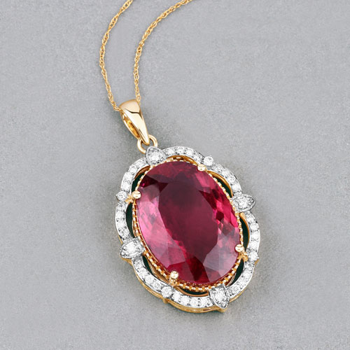 16.63 Carat Genuine Rubellite and White Diamond 14K Yellow Gold Pendant