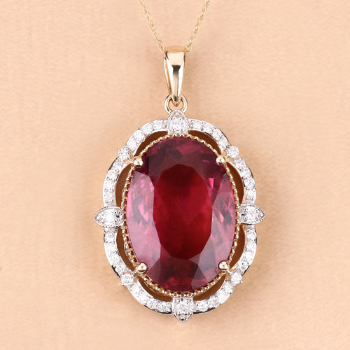 16.63 Carat Genuine Rubellite and White Diamond 14K Yellow Gold Pendant