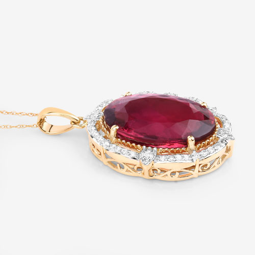 16.63 Carat Genuine Rubellite and White Diamond 14K Yellow Gold Pendant