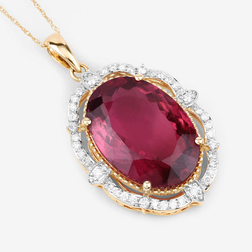 16.63 Carat Genuine Rubellite and White Diamond 14K Yellow Gold Pendant