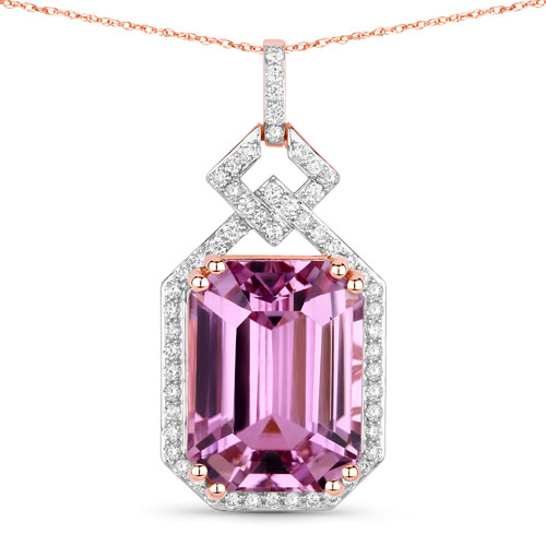 Pendants-19.11 Carat Genuine Kunzite and White Diamond 14K Rose Gold Pendant