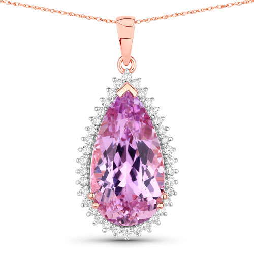 Pendants-14.15 Carat Genuine Kunzite and White Diamond 14K Rose Gold Pendant