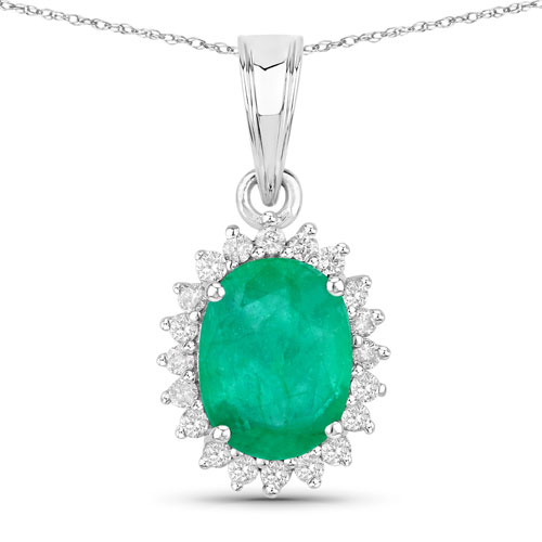 Emerald-1.36 Carat Genuine Zambian Emerald and White Diamond 10K White Gold Pendant