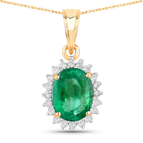 Emerald-1.36 Carat Genuine Zambian Emerald and White Diamond 10K Yellow Gold Pendant