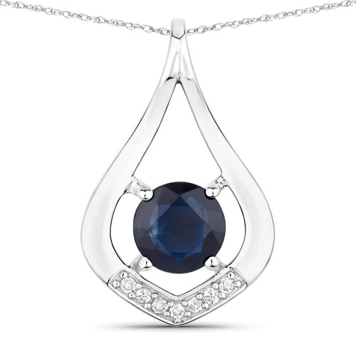 Sapphire-1.24 Carat Genuine Blue Sapphire and White Diamond 10K White Gold Pendant