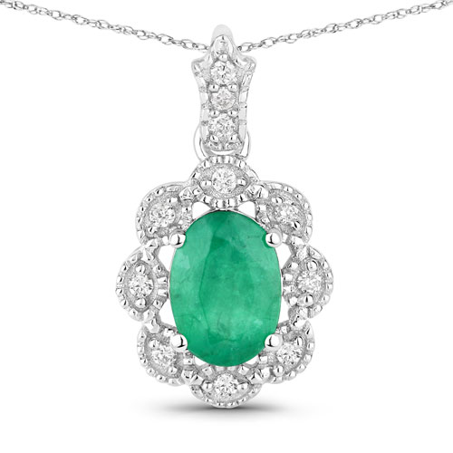 Emerald-0.79 Carat Genuine Zambian Emerald and White Diamond 10K White Gold Pendant