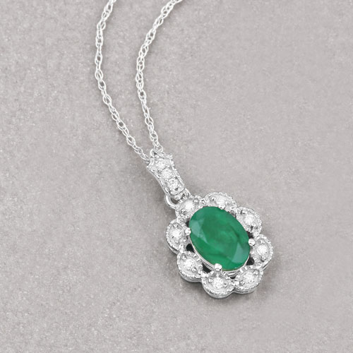 0.79 Carat Genuine Zambian Emerald and White Diamond 10K White Gold Pendant