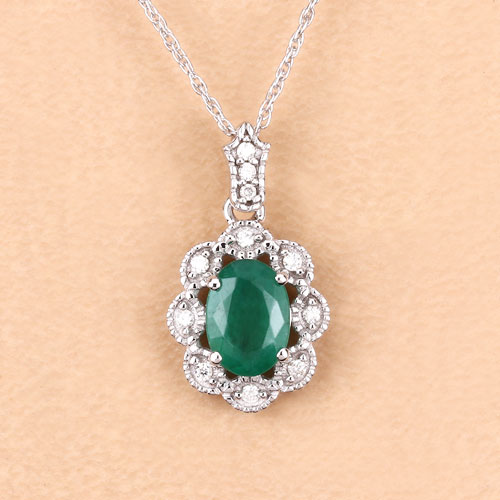 0.79 Carat Genuine Zambian Emerald and White Diamond 10K White Gold Pendant