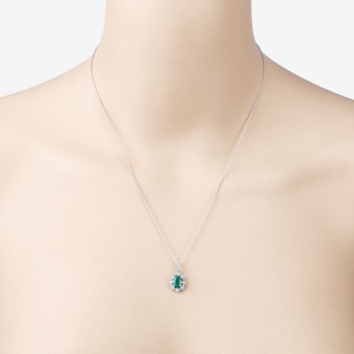 0.79 Carat Genuine Zambian Emerald and White Diamond 10K White Gold Pendant