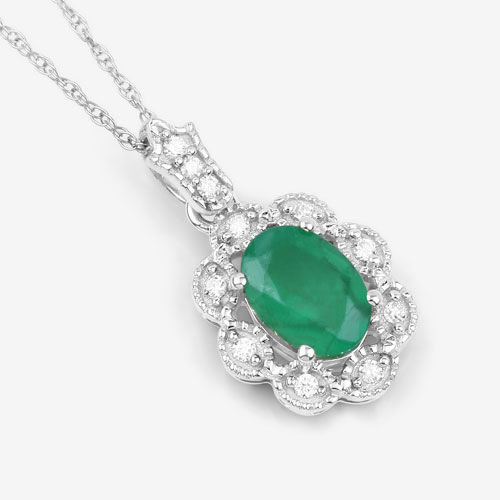 0.79 Carat Genuine Zambian Emerald and White Diamond 10K White Gold Pendant