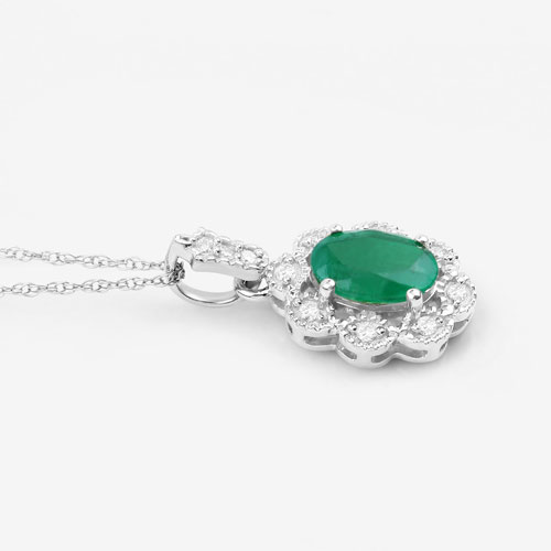 0.79 Carat Genuine Zambian Emerald and White Diamond 10K White Gold Pendant
