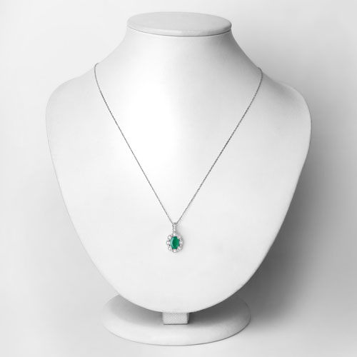 0.79 Carat Genuine Zambian Emerald and White Diamond 10K White Gold Pendant