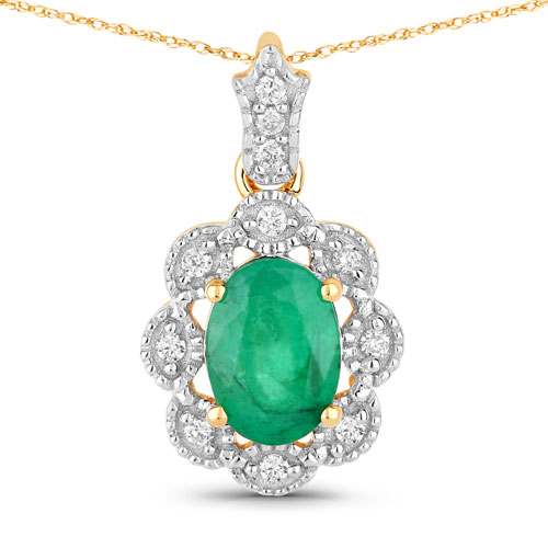 Emerald-0.79 Carat Genuine Zambian Emerald and White Diamond 10K Yellow Gold Pendant