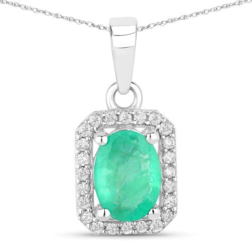 Emerald-0.83 Carat Genuine Zambian Emerald and White Diamond 10K White Gold Pendant