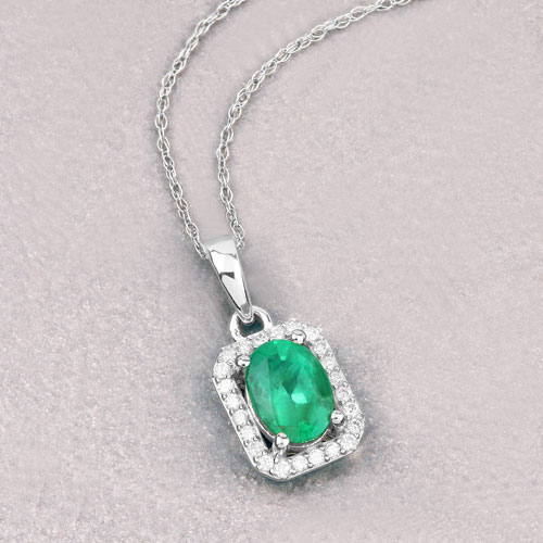 0.83 Carat Genuine Zambian Emerald and White Diamond 10K White Gold Pendant