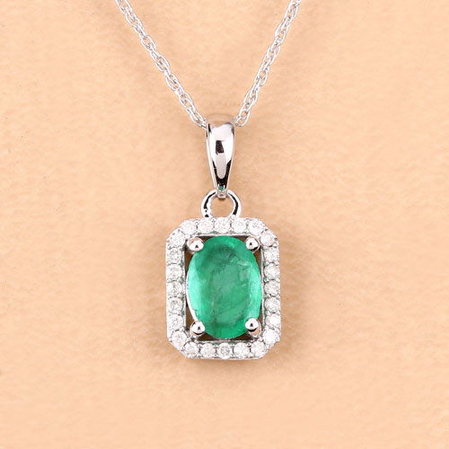 0.83 Carat Genuine Zambian Emerald and White Diamond 10K White Gold Pendant