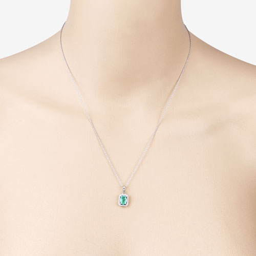 0.83 Carat Genuine Zambian Emerald and White Diamond 10K White Gold Pendant