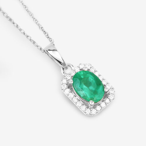 0.83 Carat Genuine Zambian Emerald and White Diamond 10K White Gold Pendant