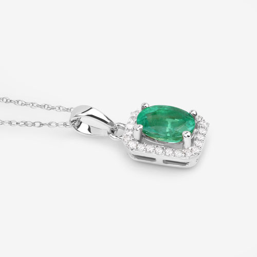 0.83 Carat Genuine Zambian Emerald and White Diamond 10K White Gold Pendant