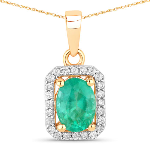 Emerald-0.83 Carat Genuine Zambian Emerald and White Diamond 10K Yellow Gold Pendant