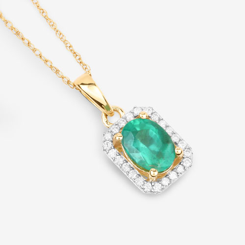 0.83 Carat Genuine Zambian Emerald and White Diamond 10K Yellow Gold Pendant