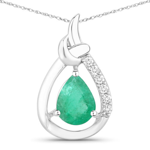 Emerald-1.18 Carat Genuine Zambian Emerald and White Diamond 10K White Gold Pendant