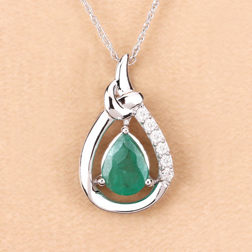 1.18 Carat Genuine Zambian Emerald and White Diamond 10K White Gold Pendant