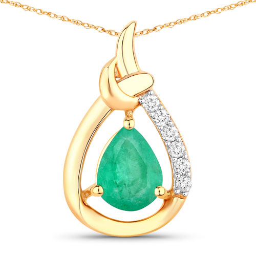 Emerald-1.18 Carat Genuine Zambian Emerald and White Diamond 10K Yellow Gold Pendant