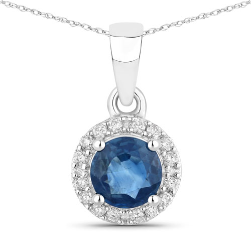 Sapphire-0.72 Carat Genuine Blue Sapphire and White Diamond 14K White Gold Pendant