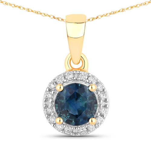 Sapphire-0.72 Carat Genuine Blue Sapphire and White Diamond 14K Yellow Gold Pendant