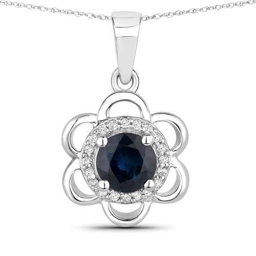 Sapphire-0.94 Carat Genuine Blue Sapphire and White Diamond 14K White Gold Pendant