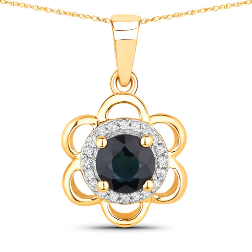 Sapphire-0.94 Carat Genuine Blue Sapphire and White Diamond 14K Yellow Gold Pendant