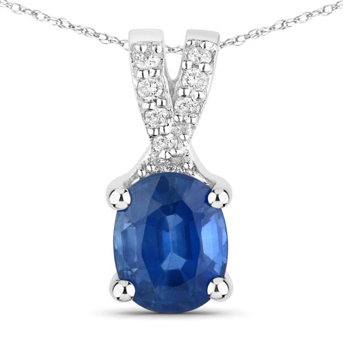 Sapphire-0.71 Carat Genuine Blue Sapphire and White Diamond 14K White Gold Pendant