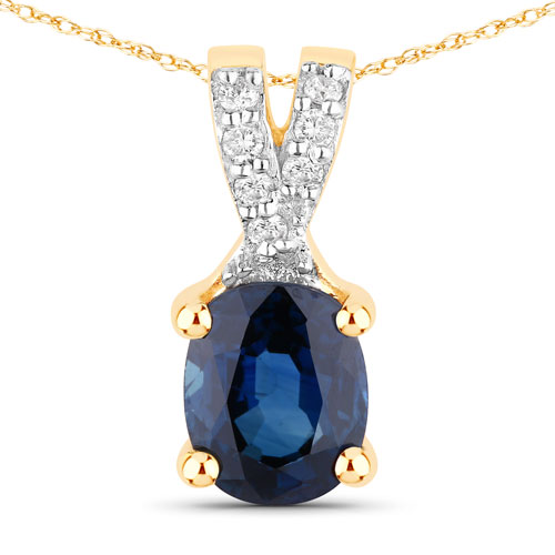 Sapphire-0.71 Carat Genuine Blue Sapphire and White Diamond 14K Yellow Gold Pendant